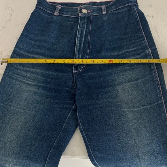 Vintage 70s Pentimento Women's Straight Leg Jeans in Dark Blue and Pink Stiching - Picture 5 of 11